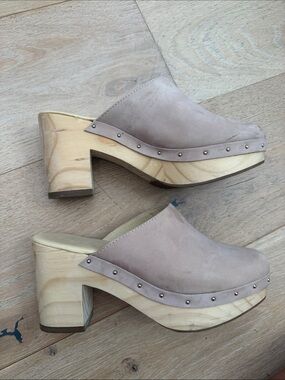 Women’s Taupe Suede Studded Clog Mules - Slip-On Block Heel